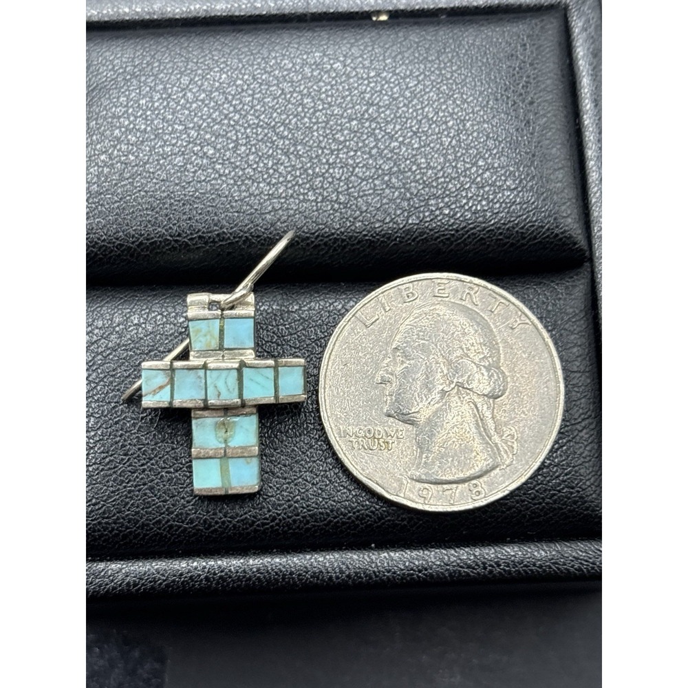 Vintage Sterling Silver Turquoise Inlay Cross Earrings 6 Gram G22 - Picture 9 of 9